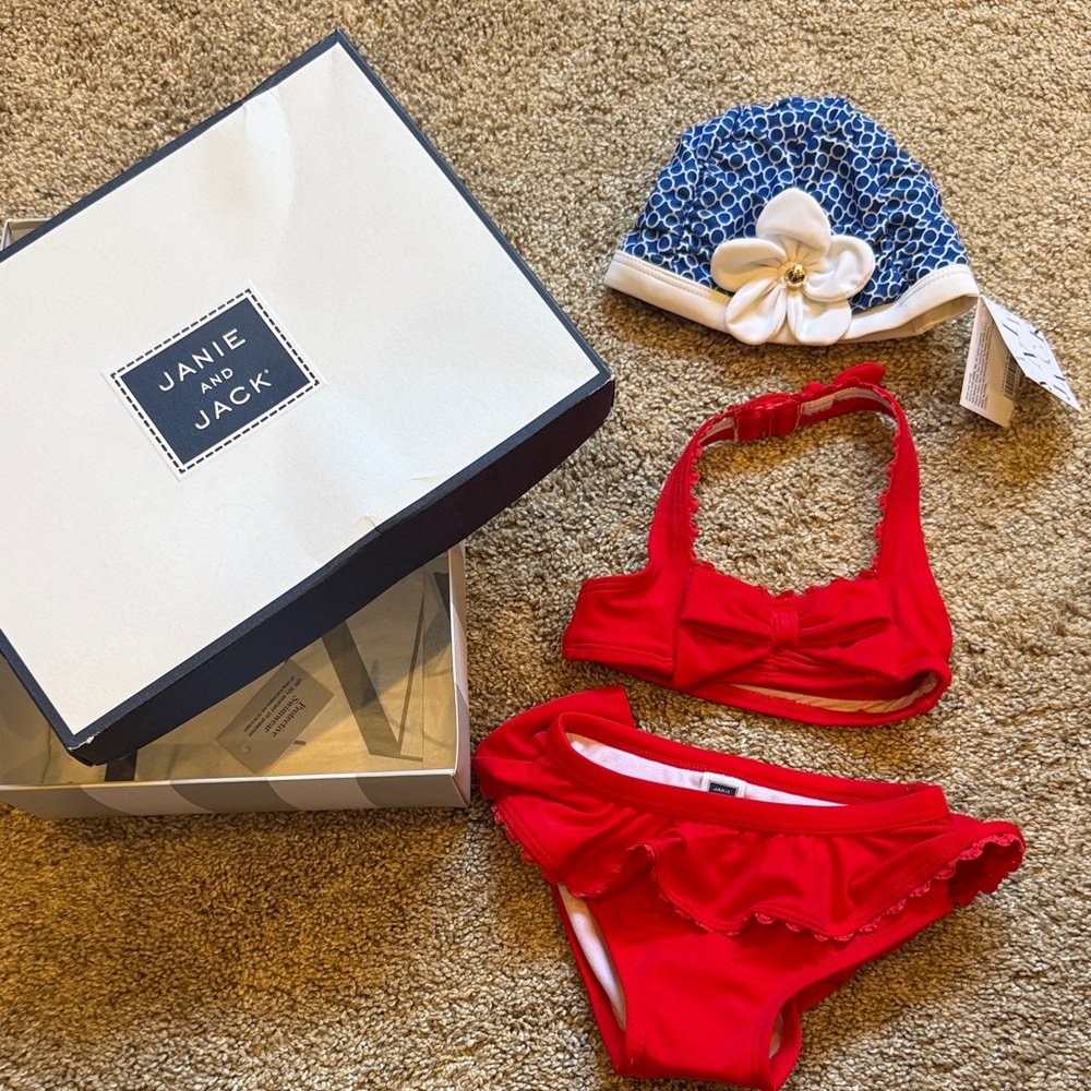 Janie and Jack Red Ruffle Bikini Set with Blue Floral Swim Cap